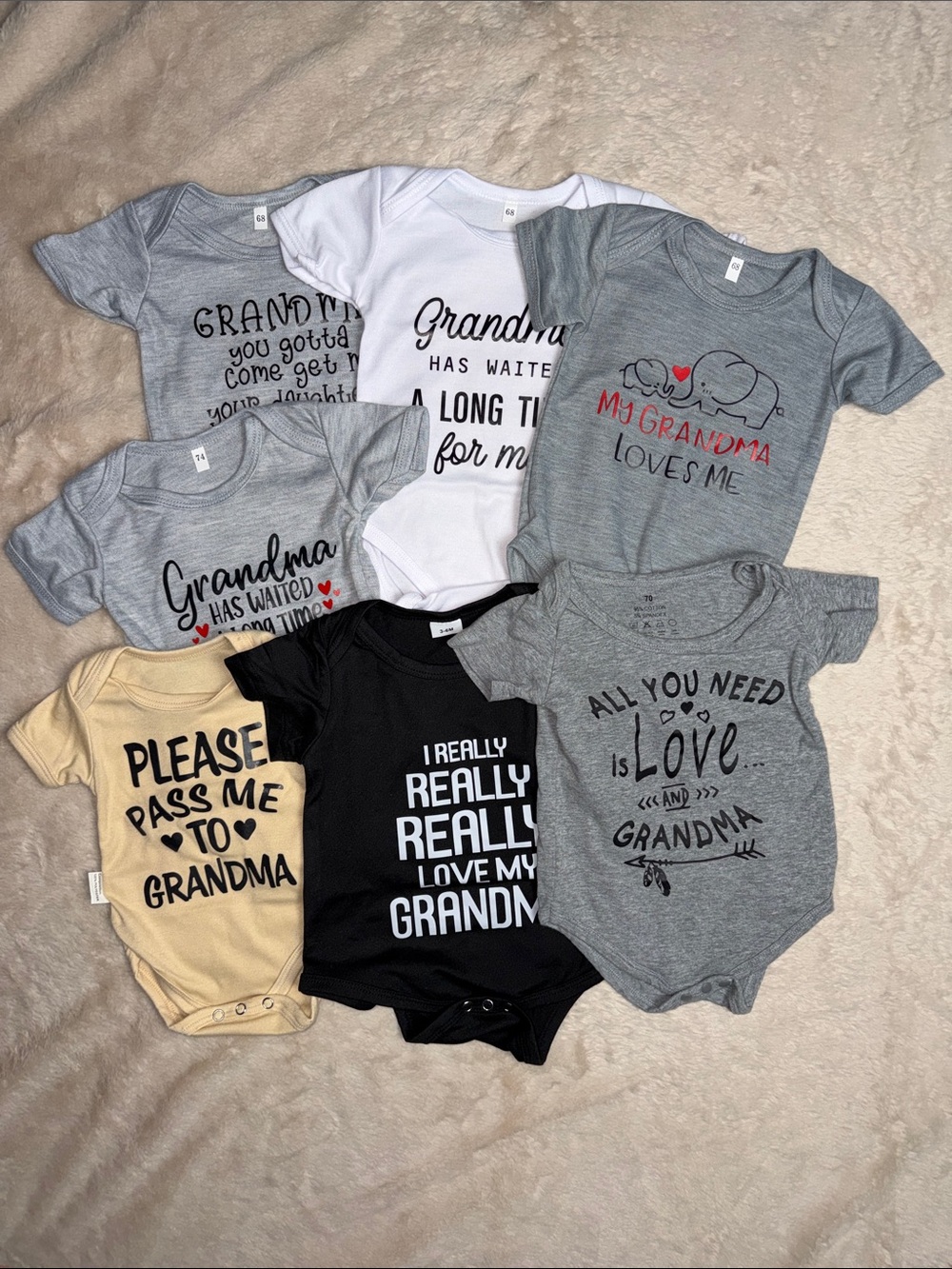 Bundle of 7 “Grandma” Onesies in Black, White, Gray and Cream